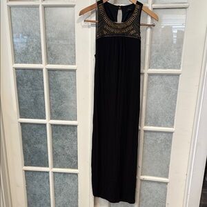 Elegant Black Maxi Dress with Gold Beaded Accents